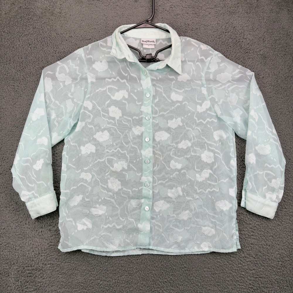 BonWorth Mint Green Sheer Floral Burnout Button Down‎ Shirt Petite Small 27239